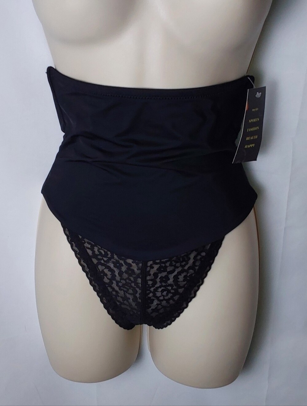 High-Waist Lace-Front Shaping Thong - Black